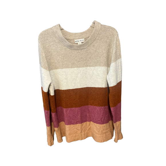 AVA + VIV Neutral 1X Striped Colorblock Sweater Crewneck Long Sleeve Knit - Picture 2 of 5